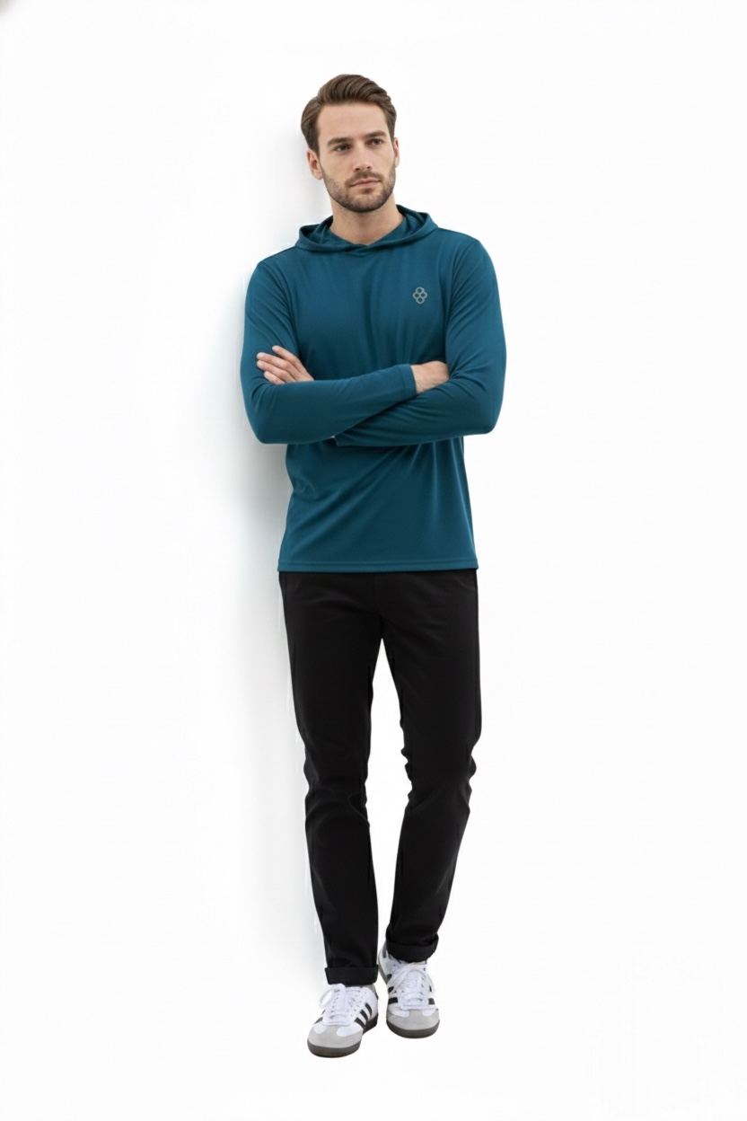 Playera Manga Larga con Capucha Azul