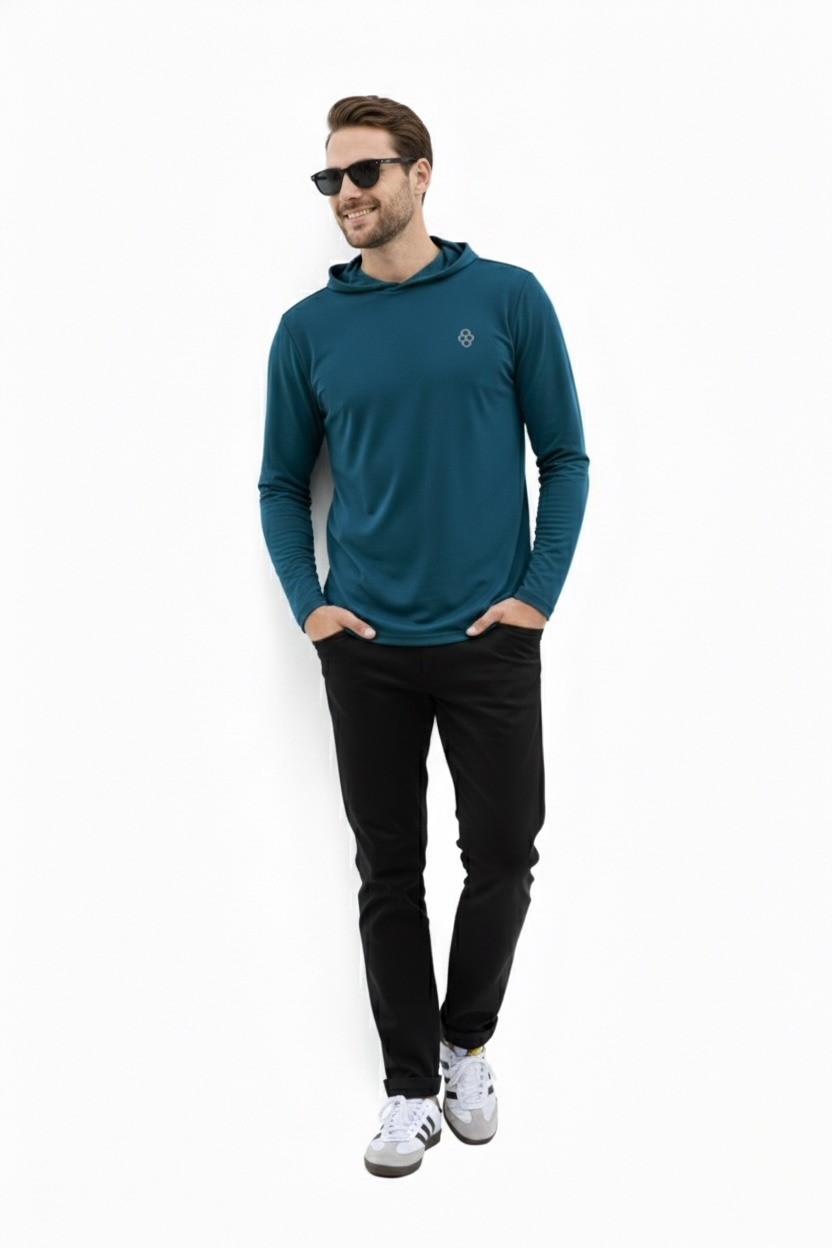 Playera Manga Larga con Capucha Azul